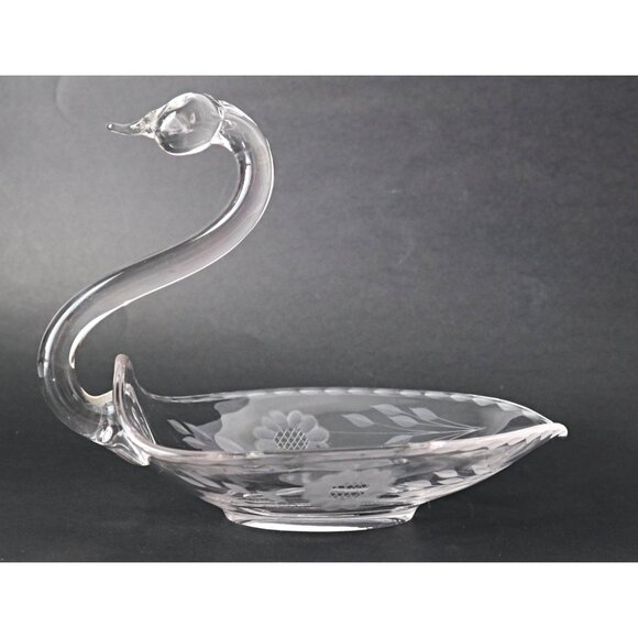 Vintage Swan Candy Dish Etched Cornflower Pattern WJ Hughes Canada - Picture 2 of 5